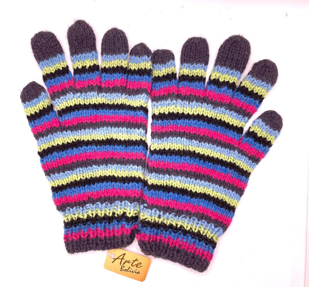 Alpaca Handmade Gloves - Striped Dark Blue , Bolivia