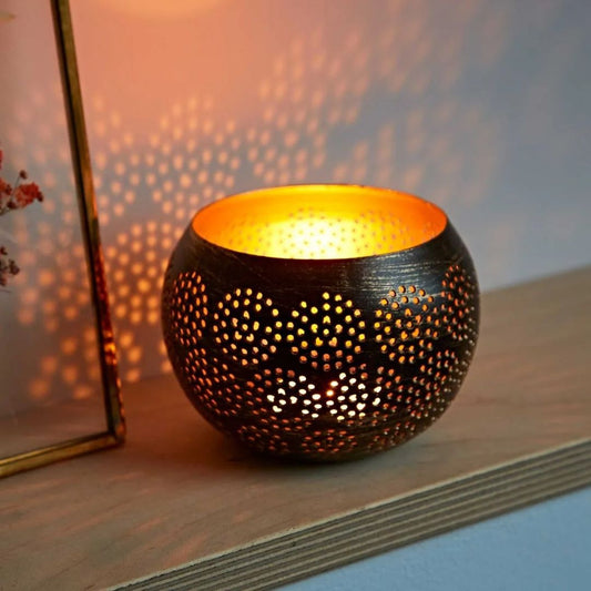 Black and Gold Metal Tea Light Holder, India