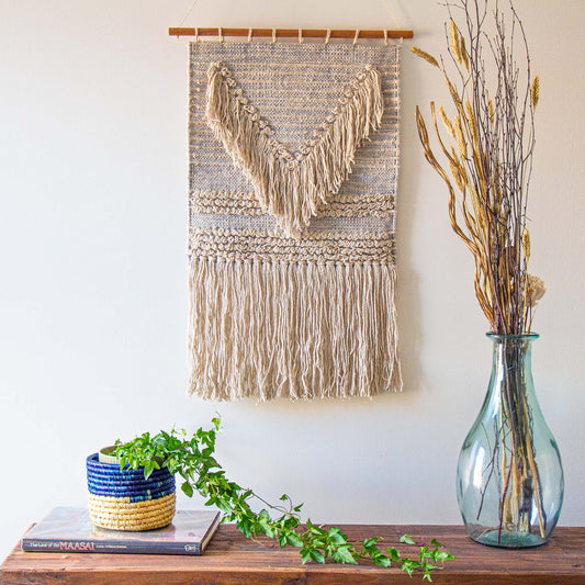 Handwoven Boho Wall Hanging, Blue Grey with Cream Fringe, India