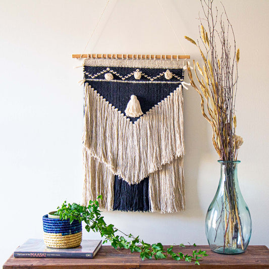 Handwoven Boho Wall Hanging, Cream and Charcoal, India