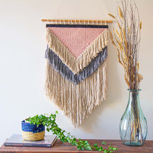 Handwoven Boho Wall Hanging, Pink with Cream Fringe, India