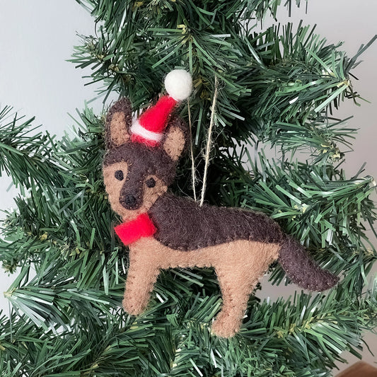 German Shepherd Santa Handmade Felt Ornament, Nepal