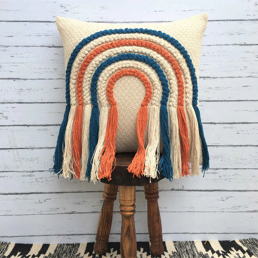 Hand Tufted Fringes Boho Stripe - Ivory, Blue, Orange - Pillow Cover, India