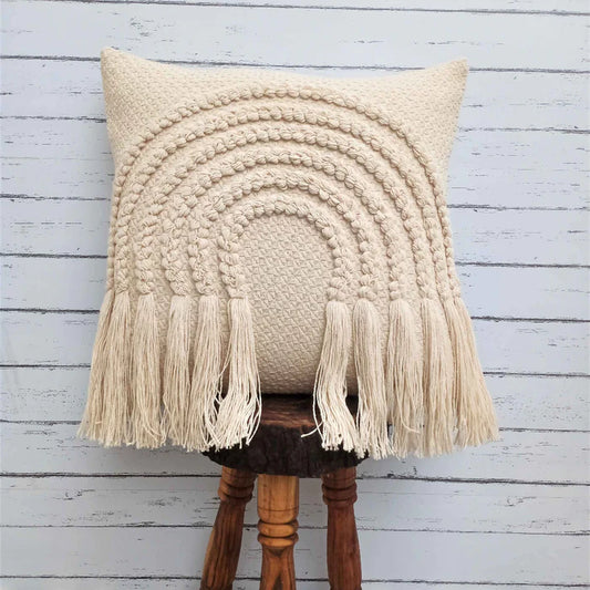 Hand Tufted Fringes Boho - Ivory - Pillow Cover, India