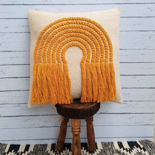 Hand Tufted Fringes Boho Stripe - Ivory and Mustard - Pillow Cover, India