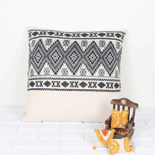 Hand Loom Woven Texture - Boho Stripe Jacquard Pillow Cover - Ivory and Black, India