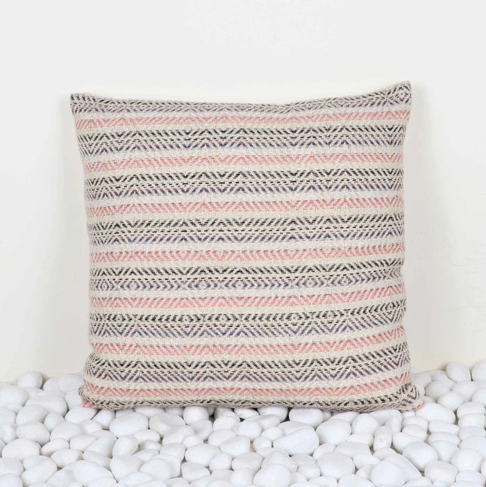 Hand Loom Woven Texture Boho - Ivory, Black and Pink stripes - Pillow Cover