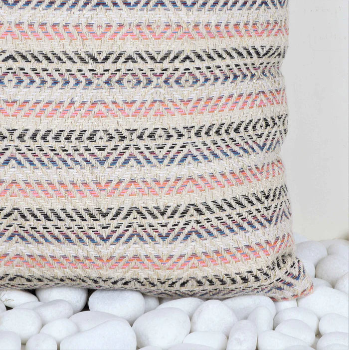 Hand Loom Woven Texture Boho - Ivory, Black and Pink stripes - Pillow Cover