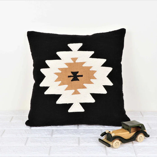 Hand Tufted Texture Boho Patch Work - Black, Ivory and Mustard - Pillow Cover