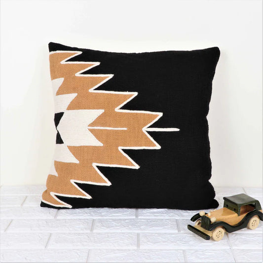 Hand Tufted Texture Boho Patch Work - Black, Ivory  and Mustard - Pillow Cover