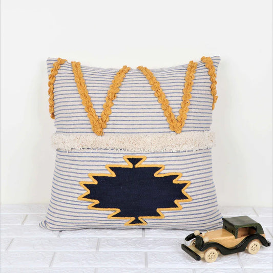 Hand Tufted Texture Boho Patch Work - Black, Ivory, Denim and Mustard - Pillow Cover