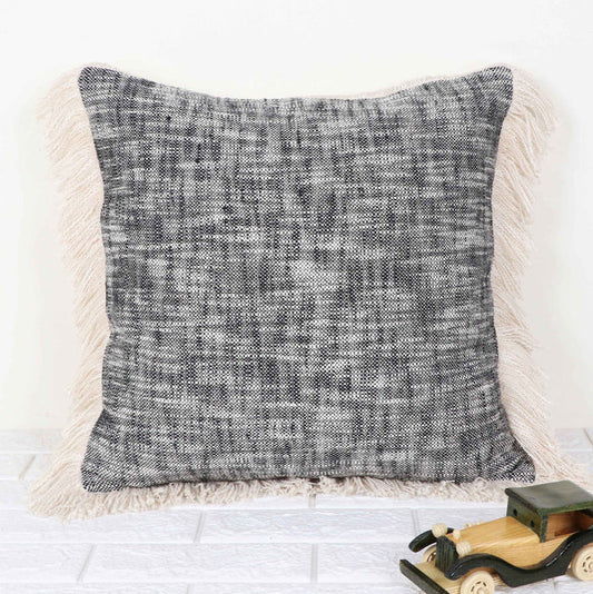 Hand Tufted Texture Boho - Black Fringe - Pillow Cover, India