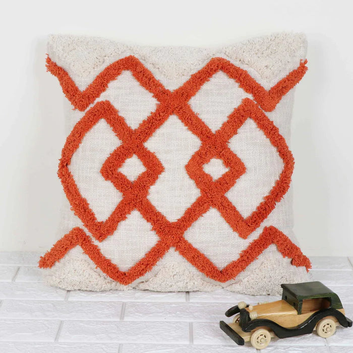 Hand Tufted Texture Boho - Ivory  and Orange - Pillow Cover, India