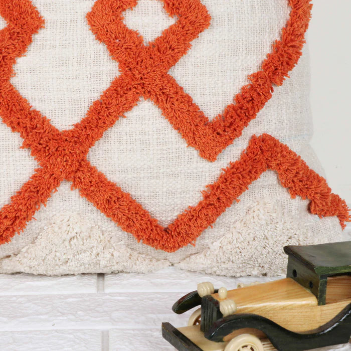 Hand Tufted Texture Boho - Ivory  and Orange - Pillow Cover, India