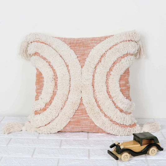 Hand Tufted Texture Boho - Peach and Ivory Fringe - Pillow Cover, India