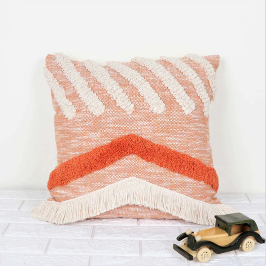 Hand Tufted Texture Boho - Peach, Orange and Ivory Fringe - Pillow Cover, India