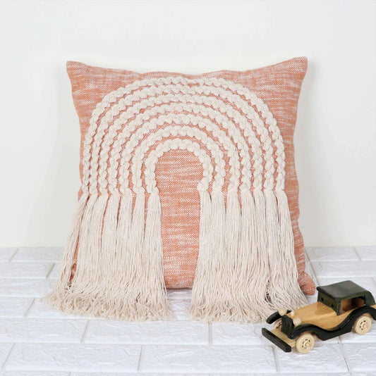 Hand Tufted Texture Boho - Peach and  Ivory Fringe - Pillow Cover, India