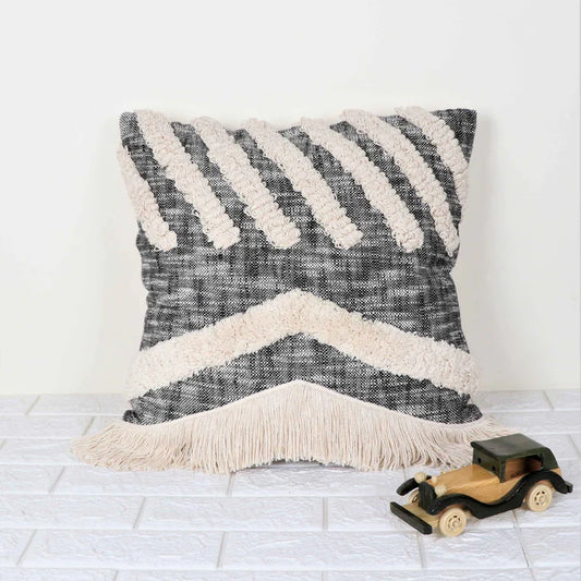 Hand Tufted Texture Boho - Black And Ivory - Pillow Cover, India