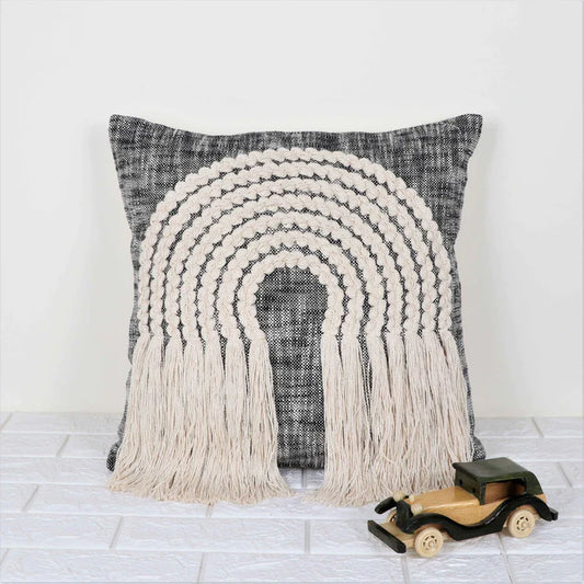 Hand Tufted Texture Boho - Black And Ivory - Pillow Cover, India