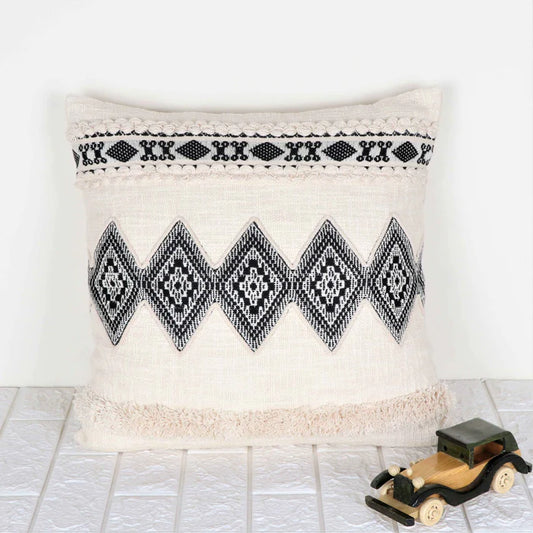 Hand Tufted Boho - Ivory and Black - Pillow Cover, India