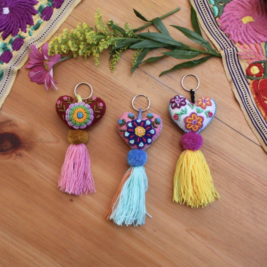 Key Chain / Zipper Pull, Embroidered Rapture Heart, Mexico