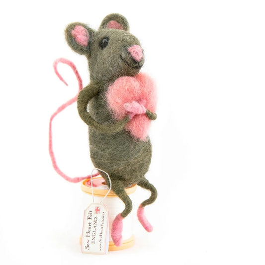 Handcrafted Hugging Pink Heart, Sitting Felt Mouse, Nepal